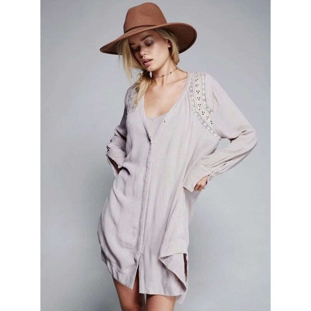 Free People Courtney's Victorian Shirt Dress Women's M Eyelet Lace Trim Pockets